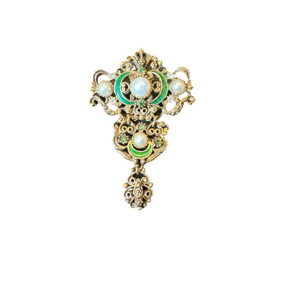VINTAGE FLORENZA VICTORIAN Style Brooch Goldtone Pearl Enamel Rhinestone
